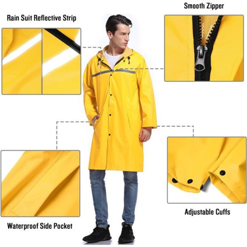 Mens Long Hooded Safety Rain Jacket Waterproof Emergency Raincoat Poncho - Picture 3 of 6